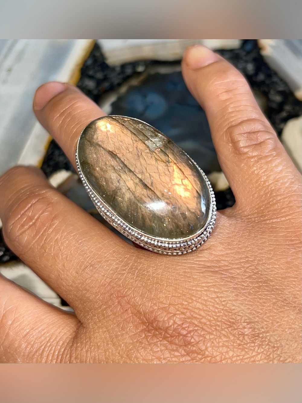 Oval Labradorite Cabochon Crystal Ring Size 7